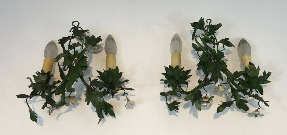 Pair Of Decorative Iron Sconces With Porcelain Flowers. French. Circa 1960 photo furniture