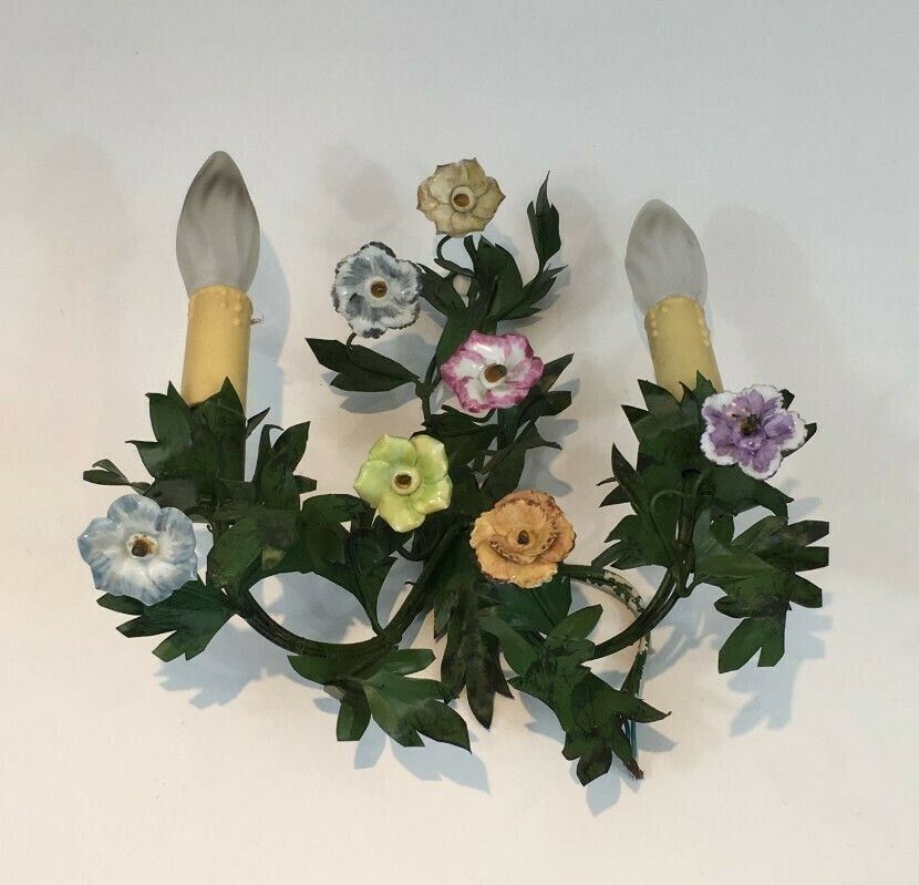 Pair Of Decorative Iron Sconces With Porcelain Flowers. French. Circa 1960 photo 650.0