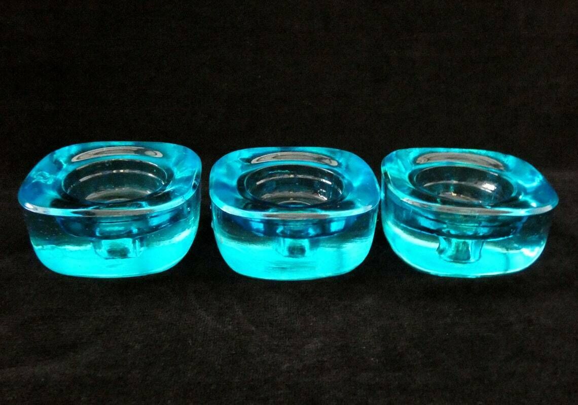 3 Vintage French Turquoise Glass Candlestick Holders, Art Deco Candlesticks, Retro Blue Tealight Holders , Aqua Taper Candles Holders photo for sale