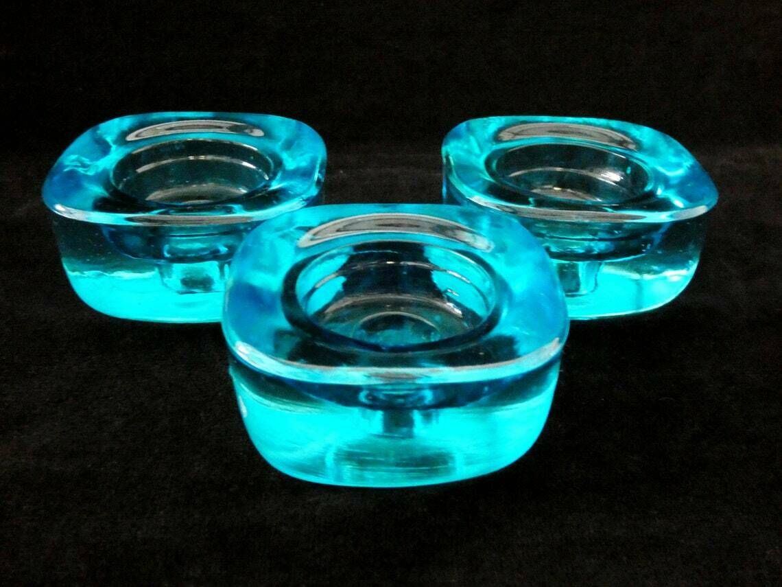 3 Vintage French Turquoise Glass Candlestick Holders, Art Deco Candlesticks, Retro Blue Tealight Holders , Aqua Taper Candles Holders photo Home Decor