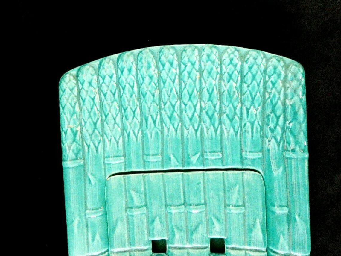Vintage Turquoise Asparagus Platter, French Majolica Asparagus Dish, Turquoise Barbotine Asparagus Plate, France 50s photo for sale