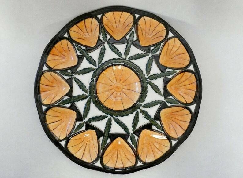 Large Vintage St Jean De Bretagne Oyster Platter, Majolica Oyster Plate, Mid Century French Ceramic Oyster Serving Platter photo furniture