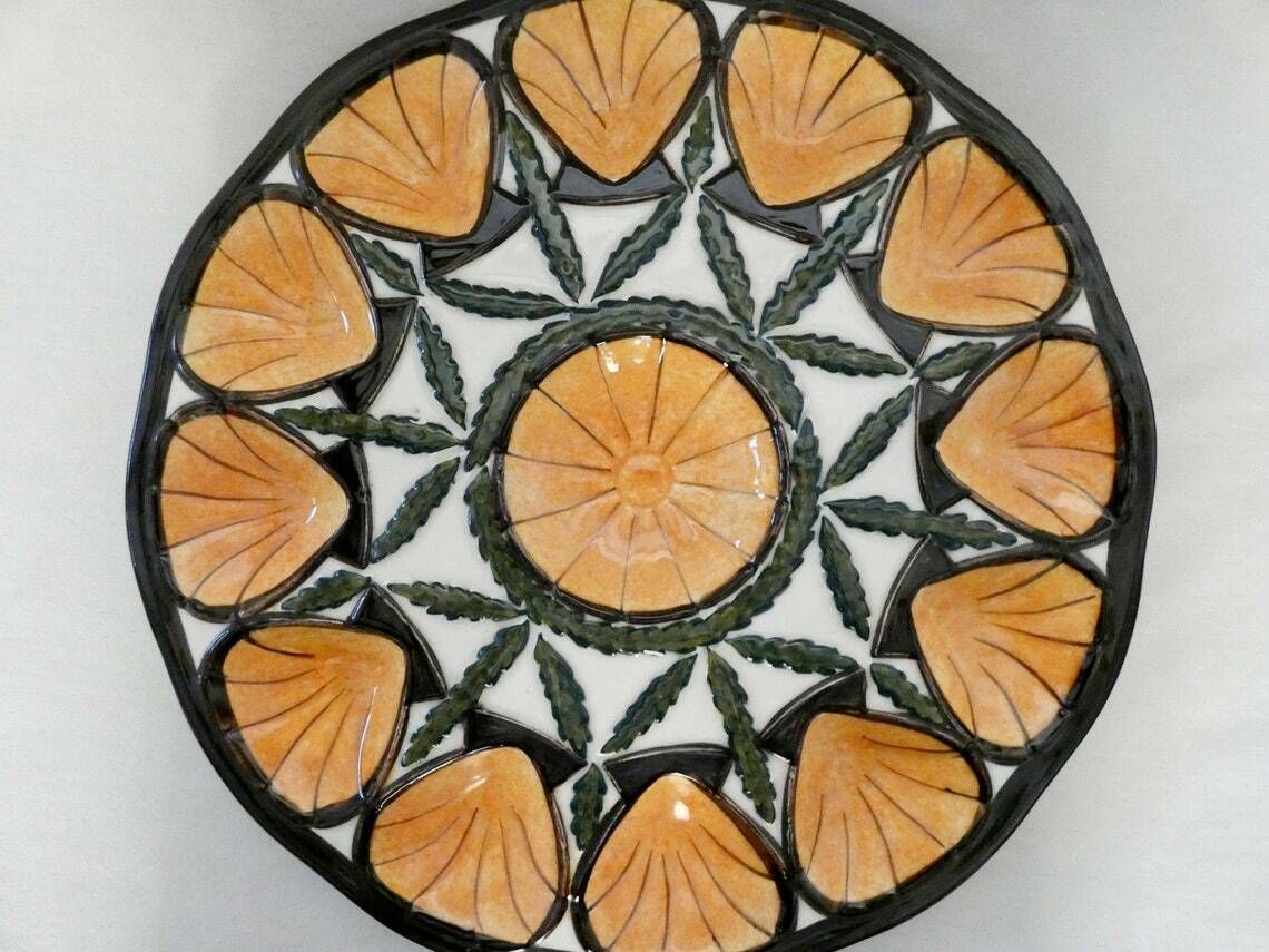 Large Vintage St Jean De Bretagne Oyster Platter, Majolica Oyster Plate, Mid Century French Ceramic Oyster Serving Platter photo vintage