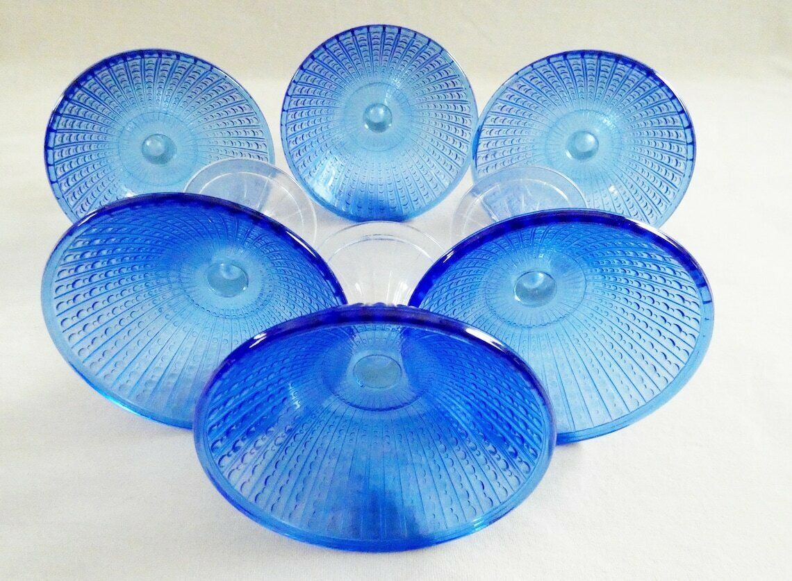 6 Vintage Blauwe Kristallen Ijscoupes Art Deco Puddingschalen Dessertserviesset Jaren 60 photo buy