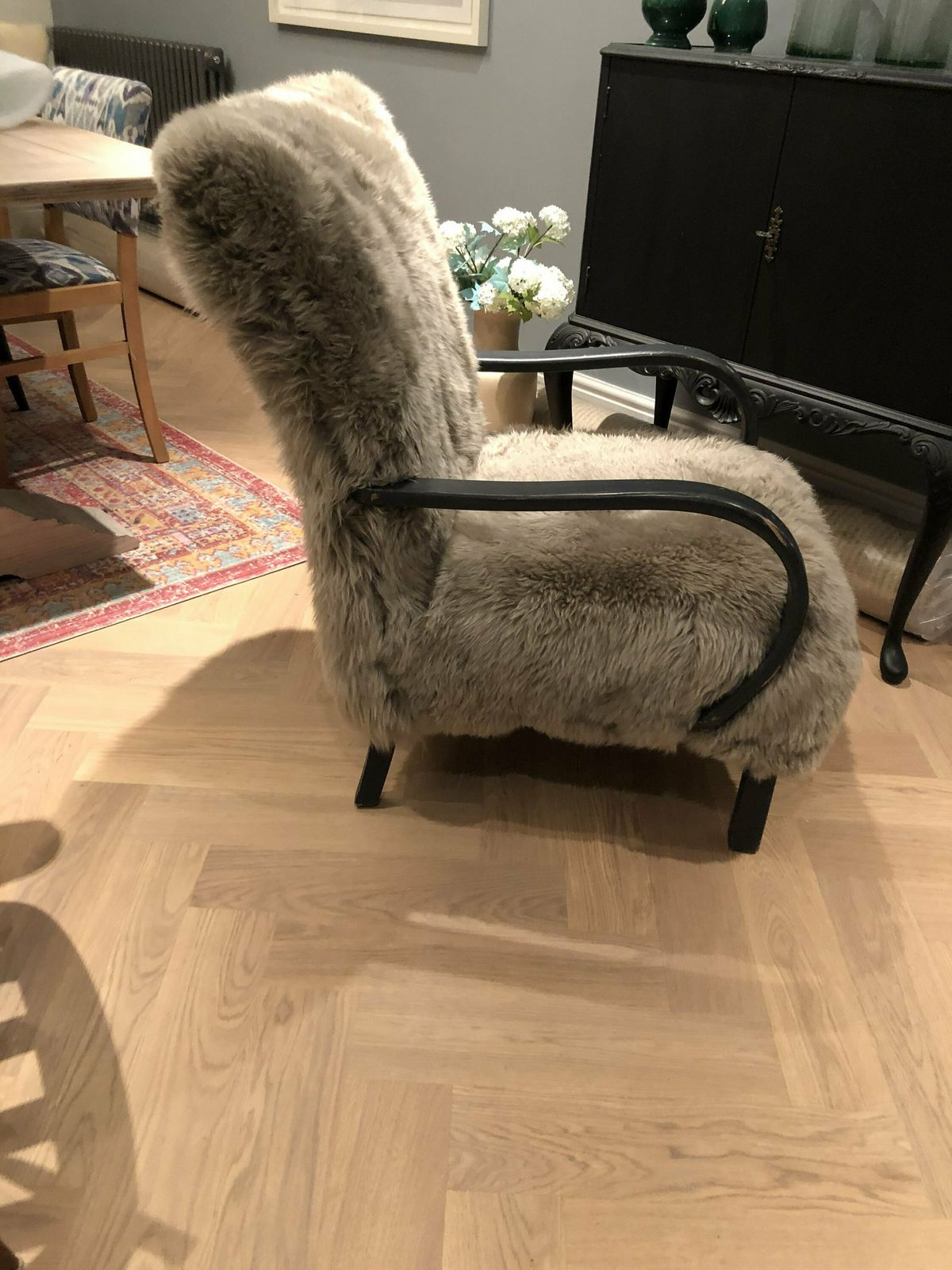 Black Sheepskin Chair, Genuine Sheepskin, Black Sheepskin Armchair, Bentwood Chair, Halabala Style , Black Sheepskin Chair, Sheepskin Chair. photo buy
