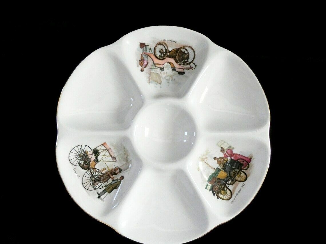 Zeldzaam Gien Oesterbord, Wit Frans Oesterbord Met Retro Auto Decor, Majolica Aardewerk, Barbotine Oesterplat, Frankrijk Jaren 1960 photo Woonaccessoires
