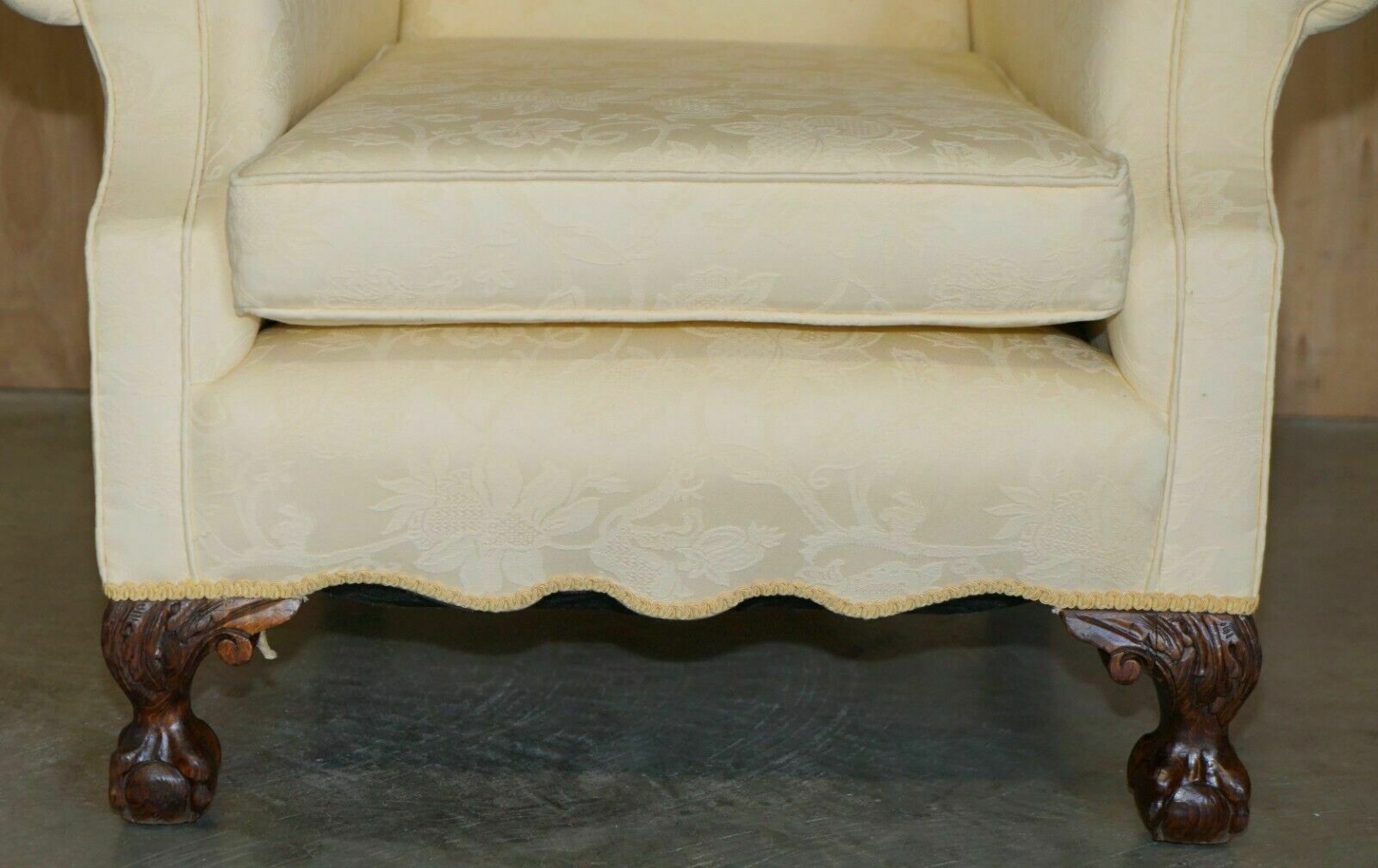 Pair Of Antique Edwardian 1910 Hand Carved Claw & Ball Feet Fabric Armchairs photo vinterior