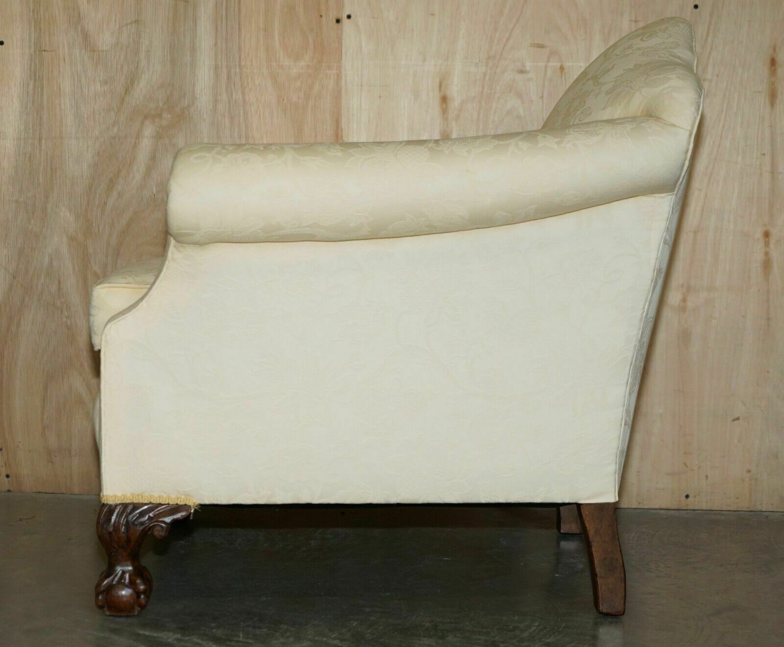 photo vintage Pair Of Antique Edwardian 1910 Hand Carved Claw & Ball Feet Fabric Armchairs
