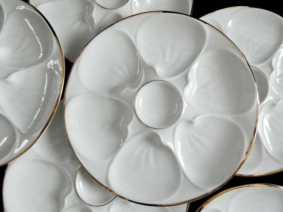 6 Vintage Bavaria Edelstein Oyster Plates White Porcelain Gold Edging German Pottery 30s