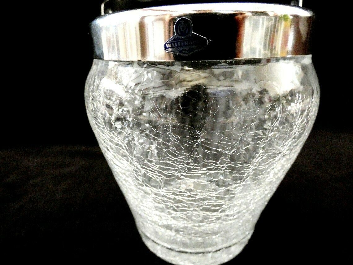 Vintage Crackled Glass Ice Bucket Demeyere, Bar Accessories Demeyere Crystal Ice Bucket, Barware Belgium 1950s photo buy