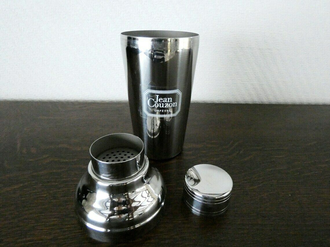 Jean Couzon Cocktail Shaker Vintage French Stainless Steel Martini Shaker, Retro Bar Accessories, Vintage Barware, France 70s photo vinterior
