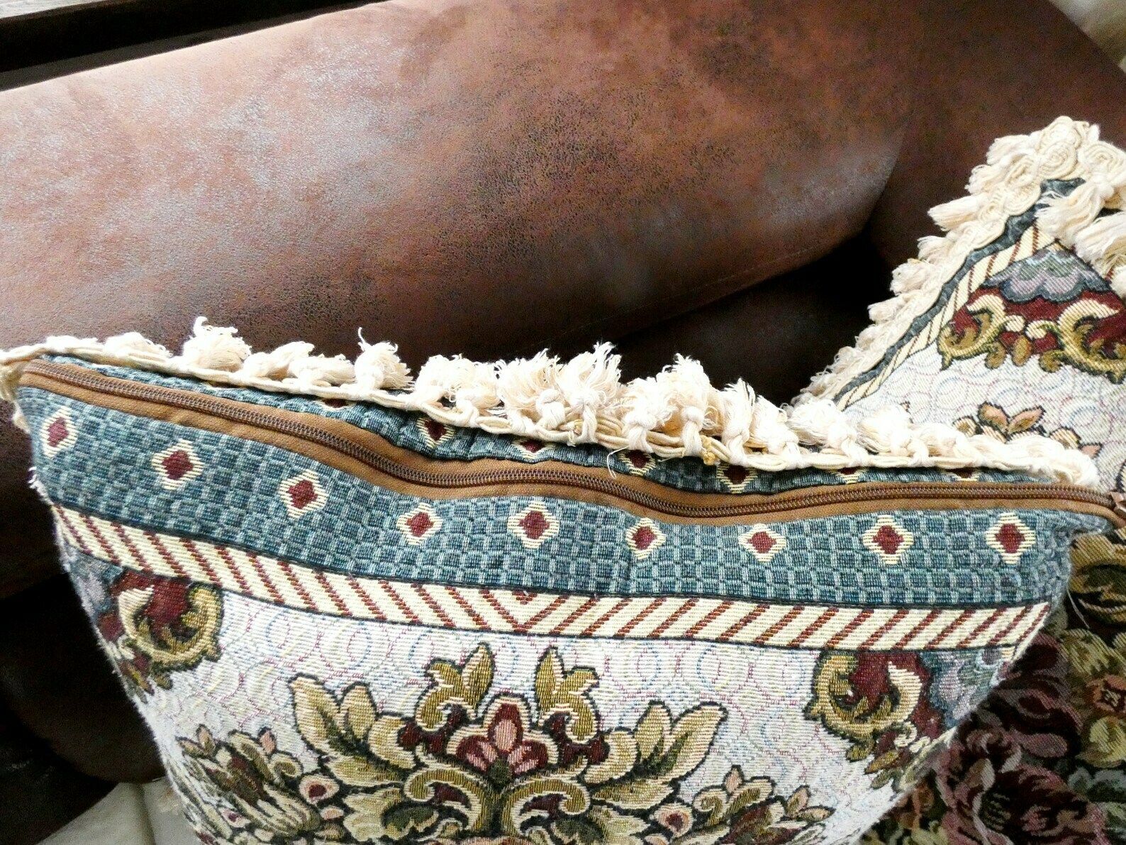 Vintage French Country Sofa Cushion, Tapestry Pillow, Tassels And Fringe Floral Pillow, Mid Century Home Decor France photo 138.0