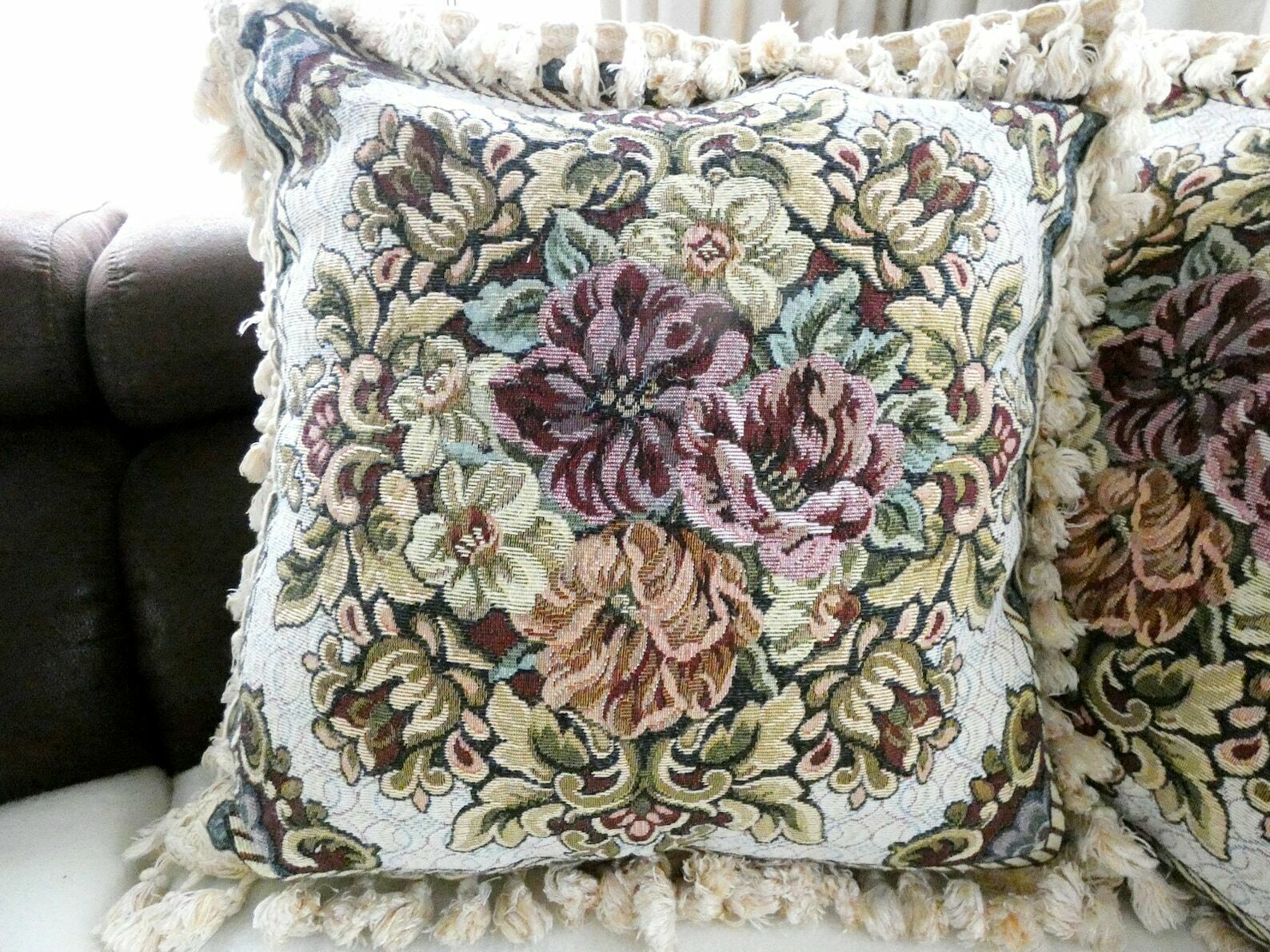Vintage French Country Sofa Cushion, Tapestry Pillow, Tassels And Fringe Floral Pillow, Mid Century Home Decor France photo vinterior