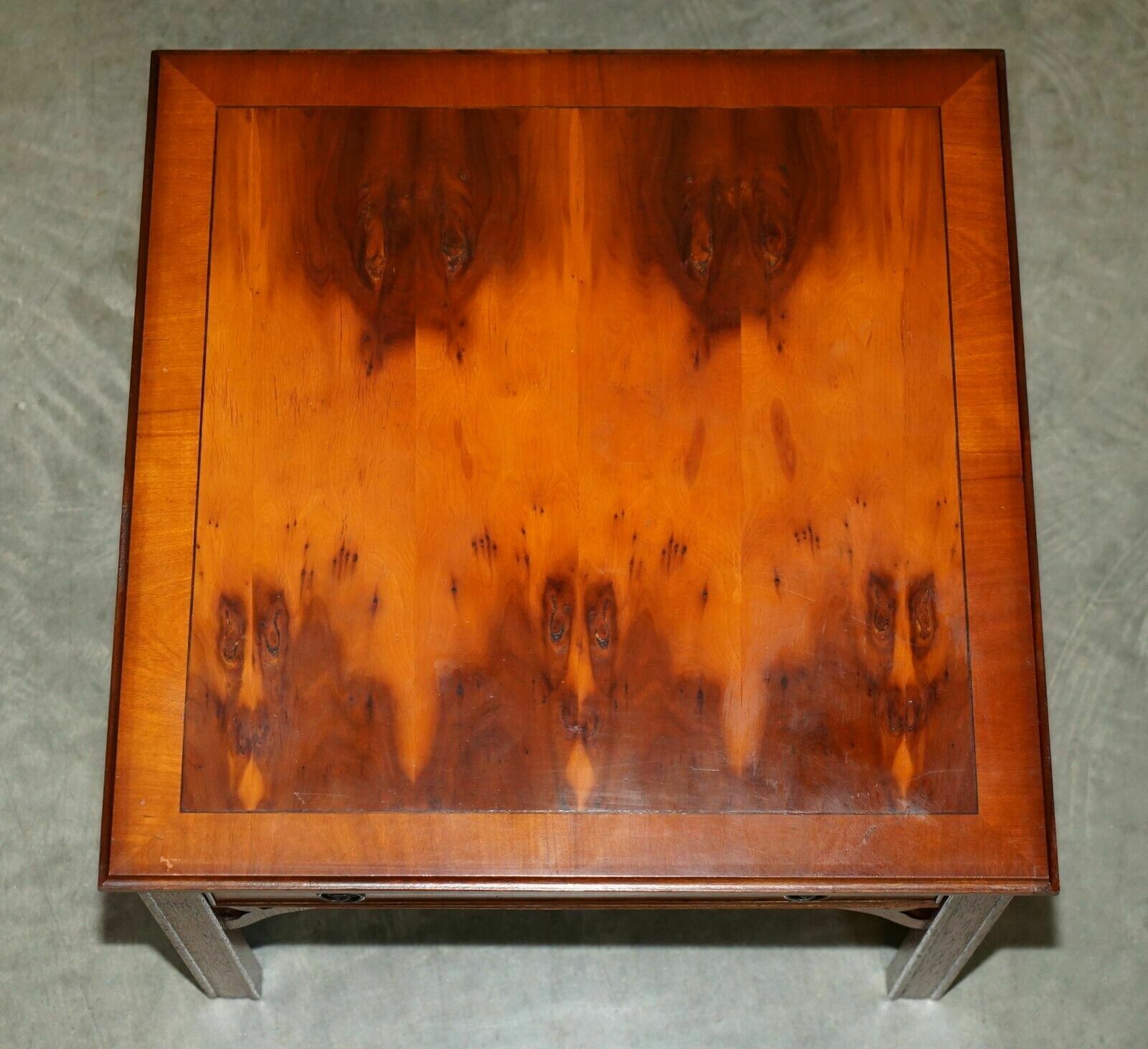 Lovely Pair Of Burr Yew Wood Side End Lamp Wine Tables With Large Single Drawers photo vintage