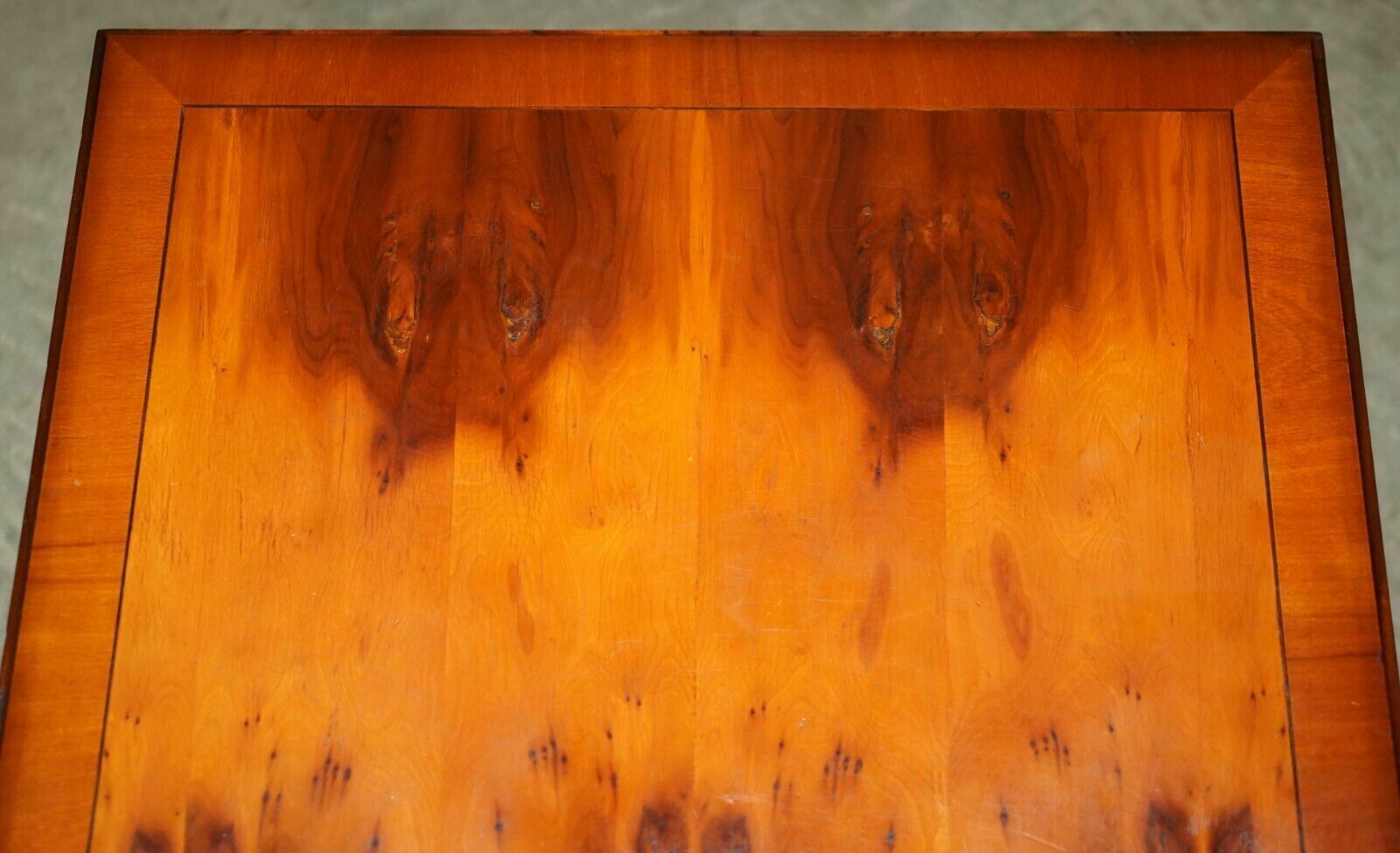photo for sale Lovely Pair Of Burr Yew Wood Side End Lamp Wine Tables With Large Single Drawers