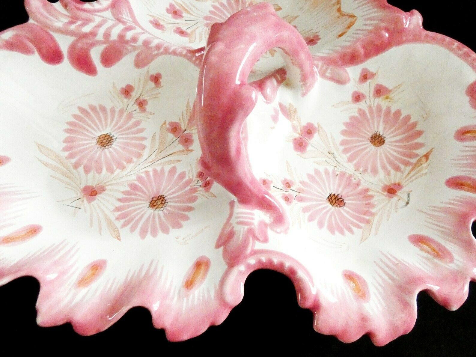 Large Quimper Serving Bowl Pink White Majolica Ceramic Plate Mid Century Decorative Hand Painted French Art Pottery photo vintage
