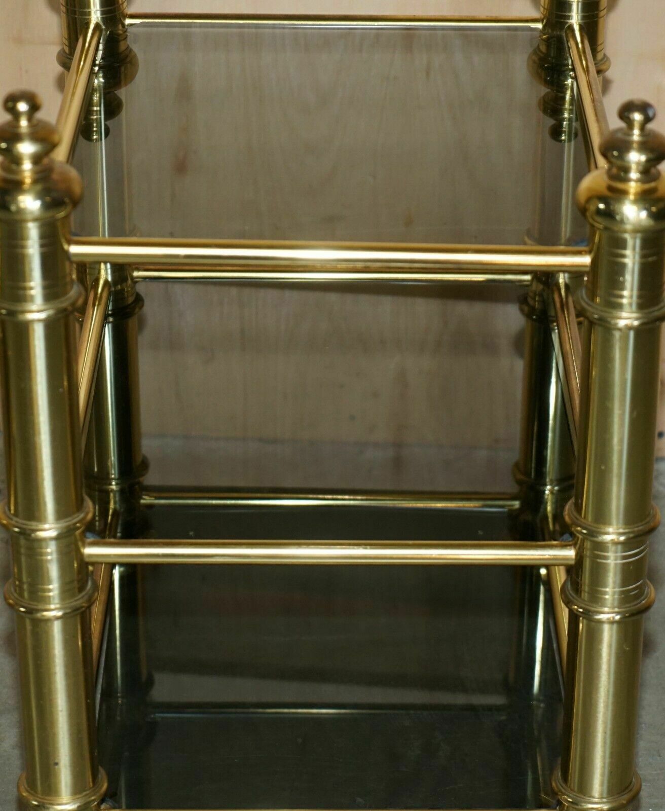 photo furniture Vintage Pair Of Mid Century Modern Brass & Smoked Glass Etagere Side End Tables