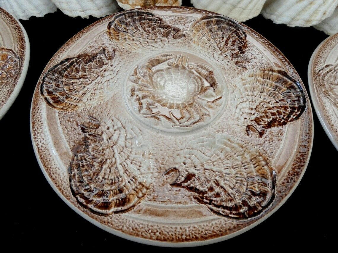 6 Digoin Sarreguemines Oyster Plates, Vintage French Oyster Platters, Majolica Pottery Sarreguemines Oyster Plates, France 60s photo Home Decor