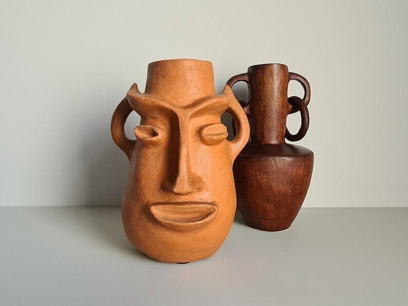 Face Shaped Terracotta Sculpture Vase / 60s / Vintage / Art / Mid Century / 20th Century photo vintage
