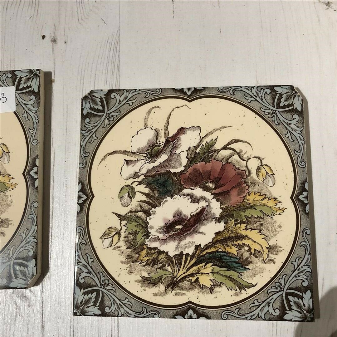 Set Of Six Fireplace Or Wall Tiles With Poppy Design 0033 photo vintage