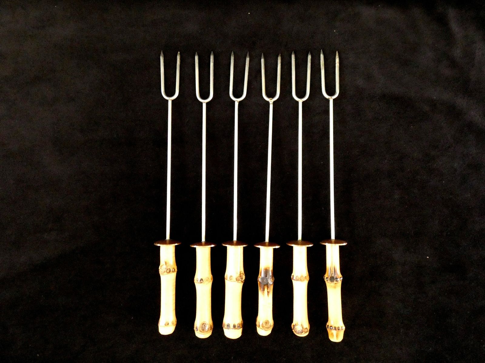 6 Bamboo Handle Fondue Forks, Handmade Bamboo Cutlery And Stainless Steel, France Table Decor 60s photo vinterior