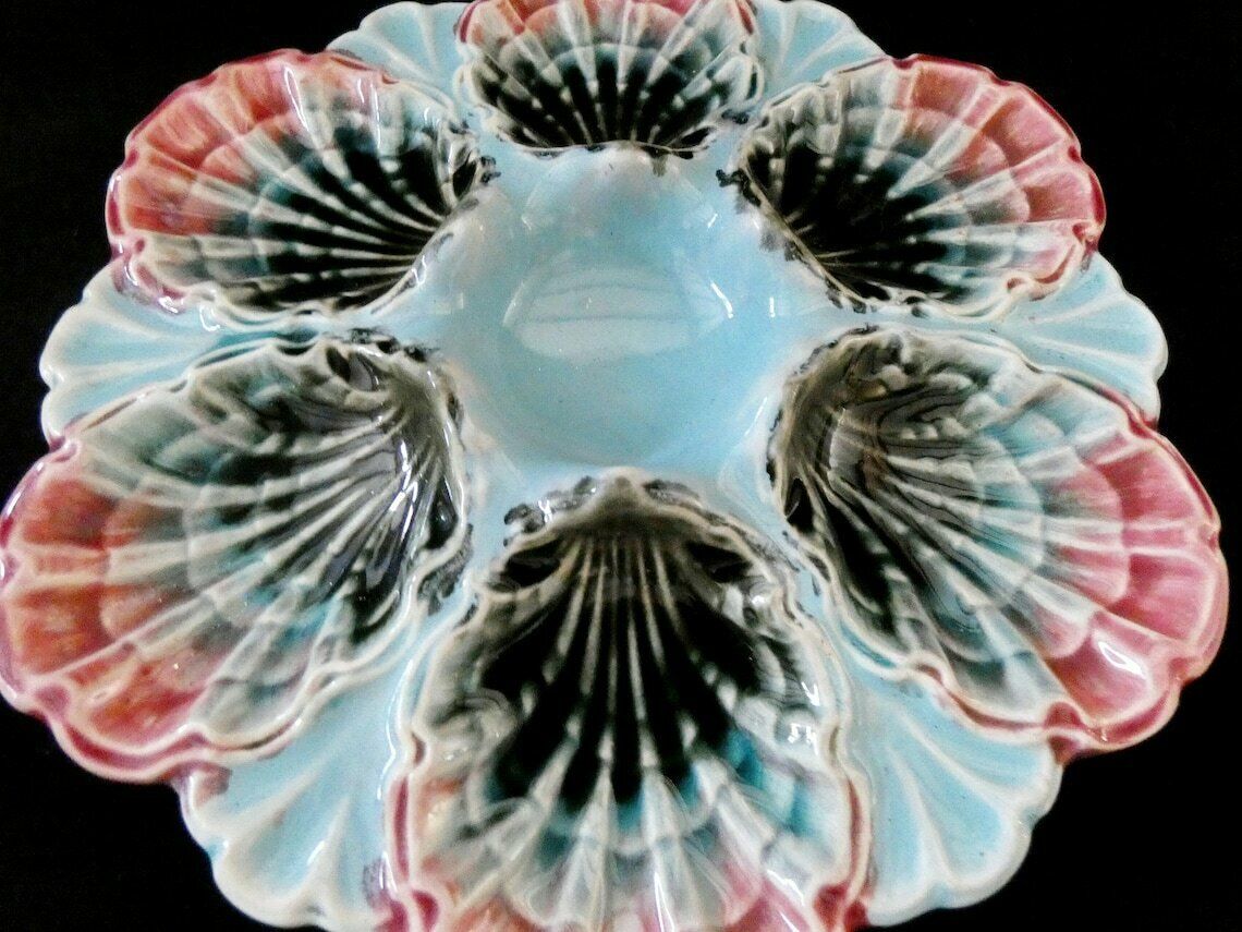 Antique France Fives Lille Oyster Plate Circa 1890, Majolica Turquoise Oyster Platter, Rare Collector's Plate photo for sale