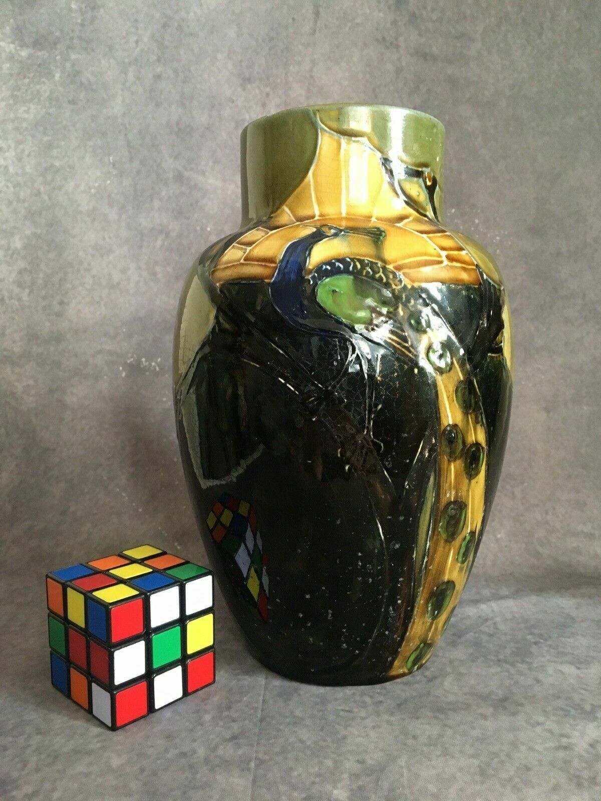 Dean Family Art Nouveau 1920s Tubelined Vase Peacock Signed A Dean photo for sale