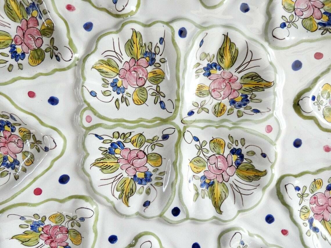 Rare Large Moustiers Martres Tolosane Oyster Platter Floral Oyster Plate, Antique Majolica Oyster Platter, M Tolosane Pottery, France 40s photo for sale