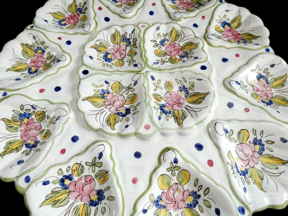 photo for sale Rare Large Moustiers Martres Tolosane Oyster Platter Floral Oyster Plate, Antique Majolica Oyster Platter, M Tolosane Pottery, France 40s