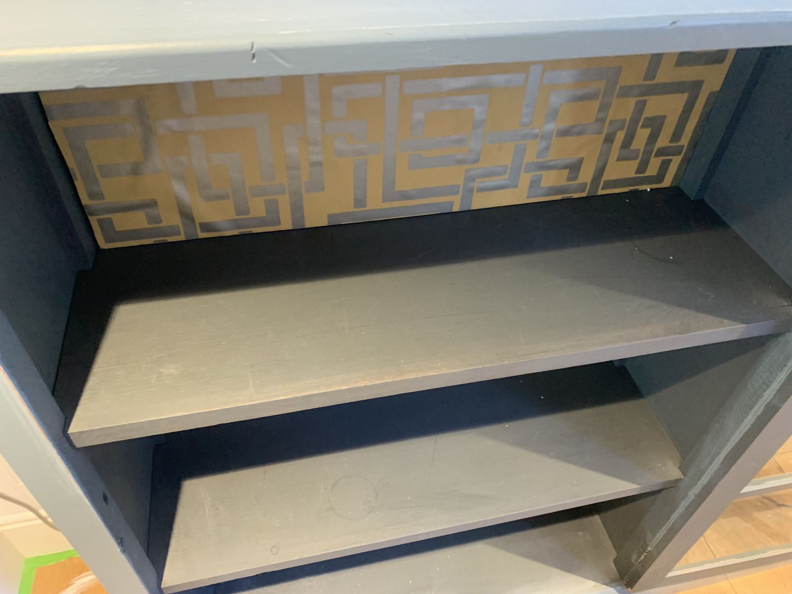 Vintage Wooden Display Cabinet Painted In A Distressed Look Using Farrow And Ball Incyra Blue. Decorative Farrow And Ball Paper To The Rear Internal Walls Using Double Sided Tape Which Can Easily Be Removed photo 300.0