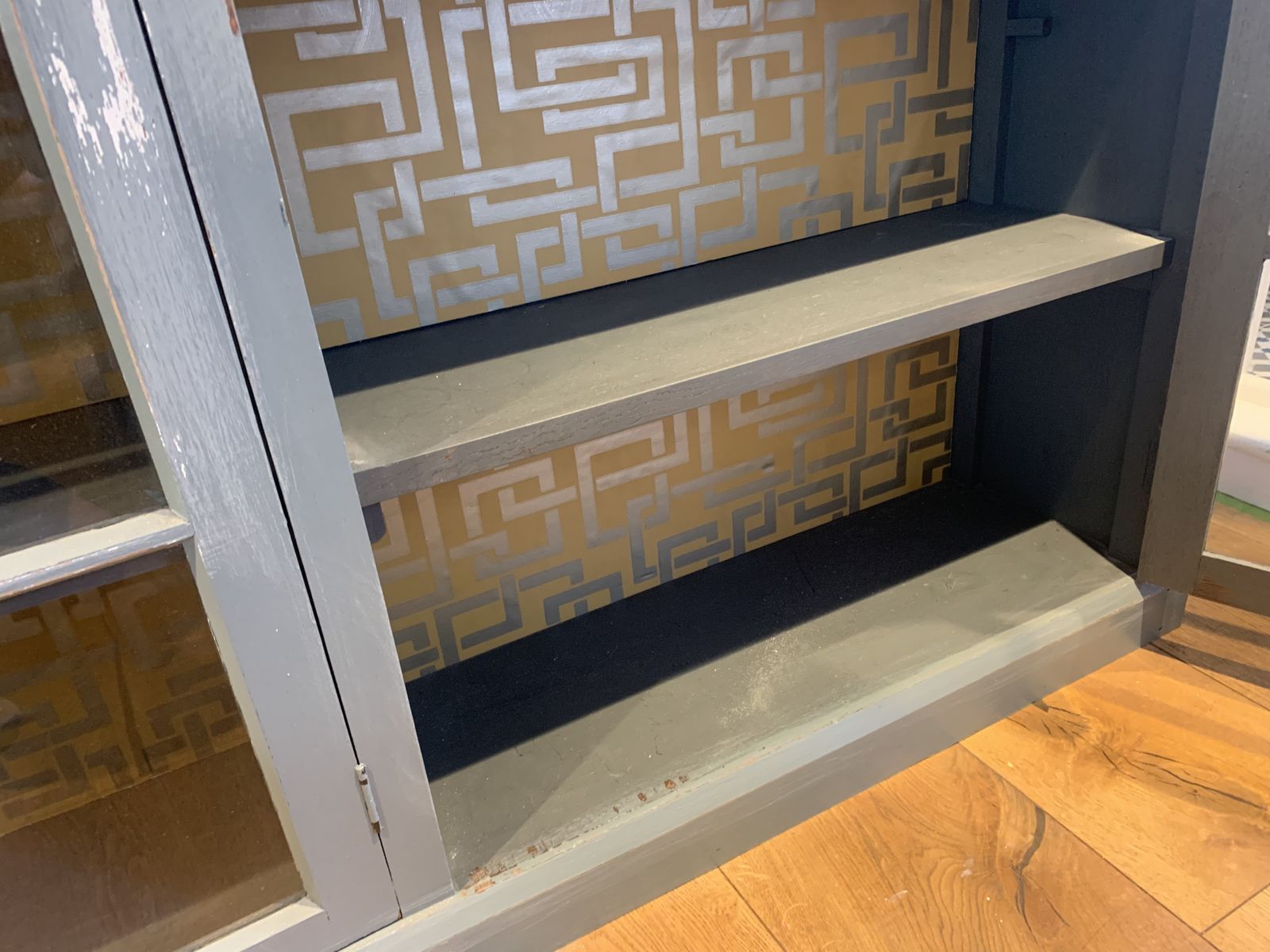 Vintage Wooden Display Cabinet Painted In A Distressed Look Using Farrow And Ball Incyra Blue. Decorative Farrow And Ball Paper To The Rear Internal Walls Using Double Sided Tape Which Can Easily Be Removed photo buy