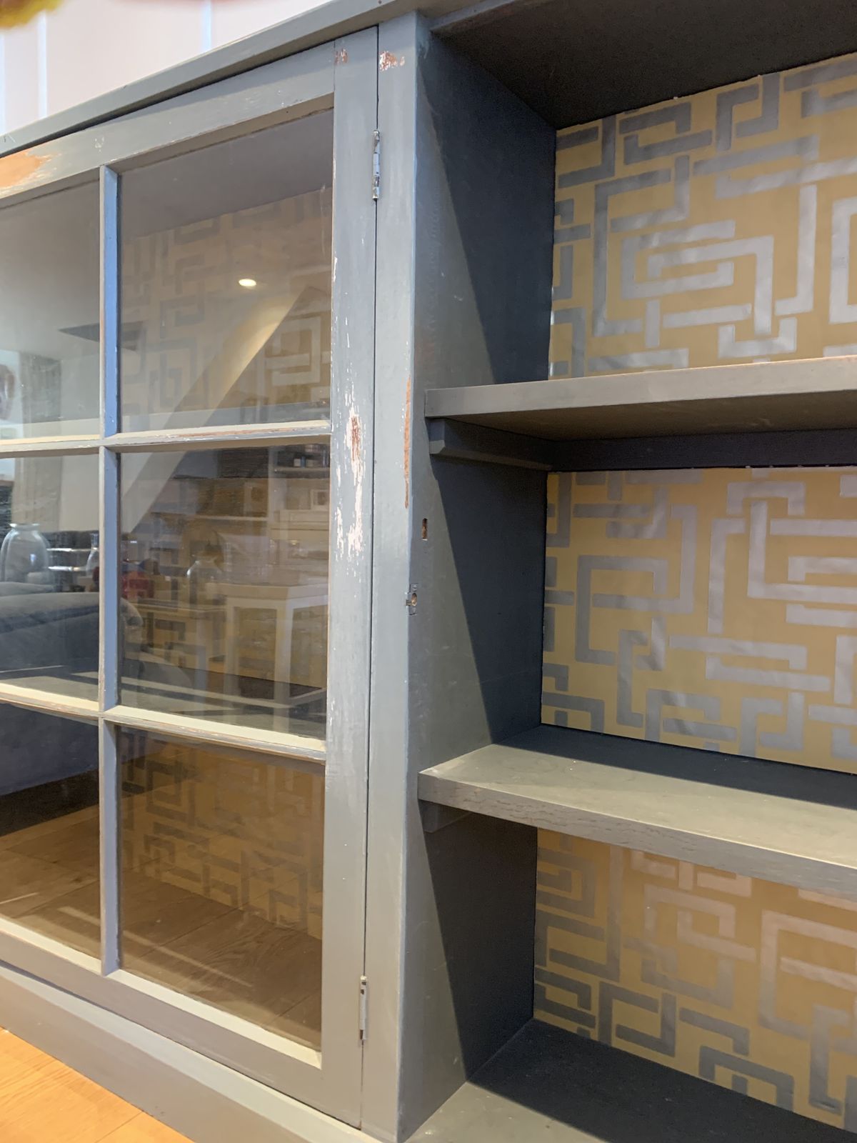 photo for sale Vintage Wooden Display Cabinet Painted In A Distressed Look Using Farrow And Ball Incyra Blue. Decorative Farrow And Ball Paper To The Rear Internal Walls Using Double Sided Tape Which Can Easily Be Removed