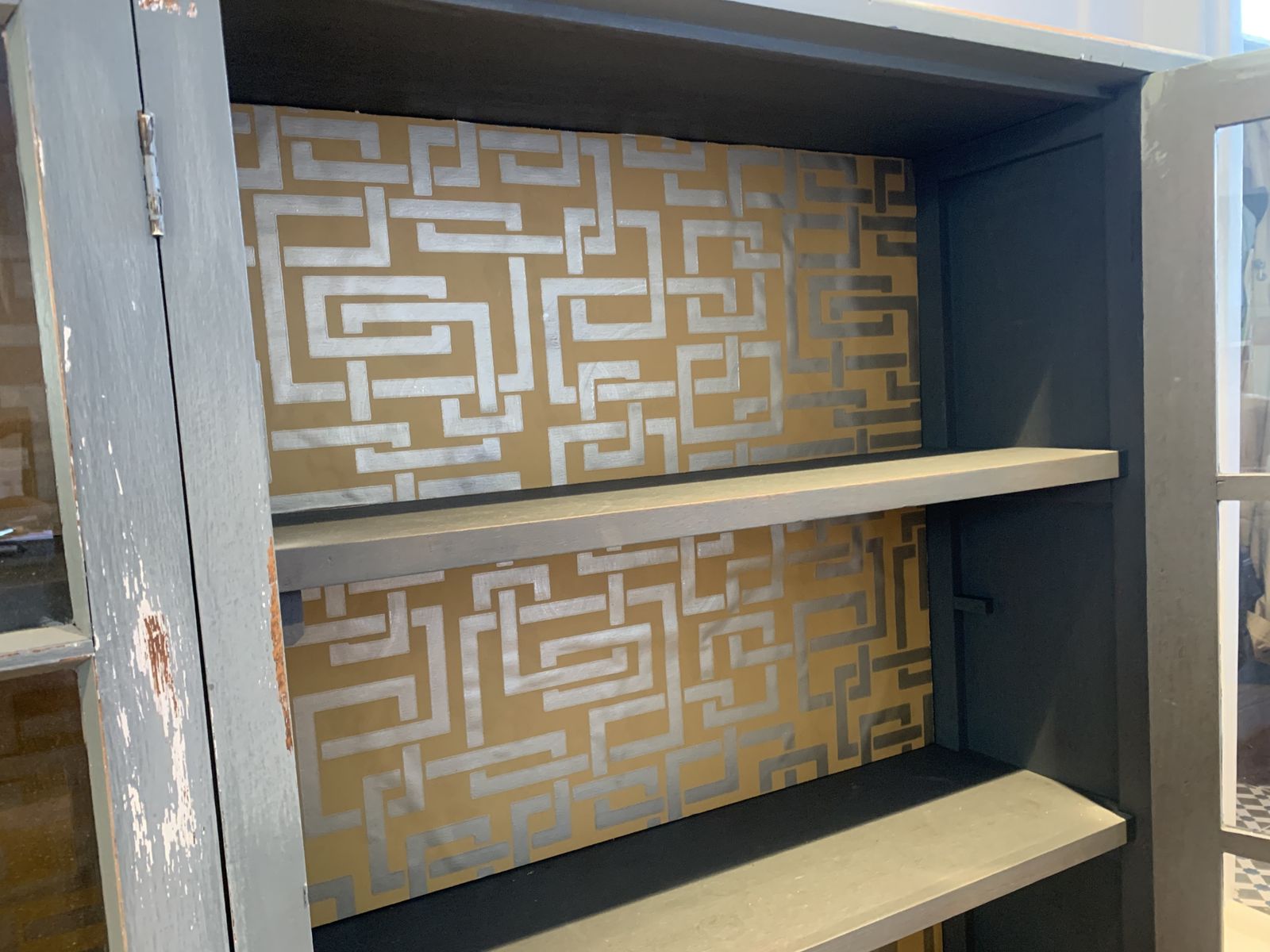 300.0 Vintage Wooden Display Cabinet Painted In A Distressed Look Using Farrow And Ball Incyra Blue. Decorative Farrow And Ball Paper To The Rear Internal Walls Using Double Sided Tape Which Can Easily Be Removed photo