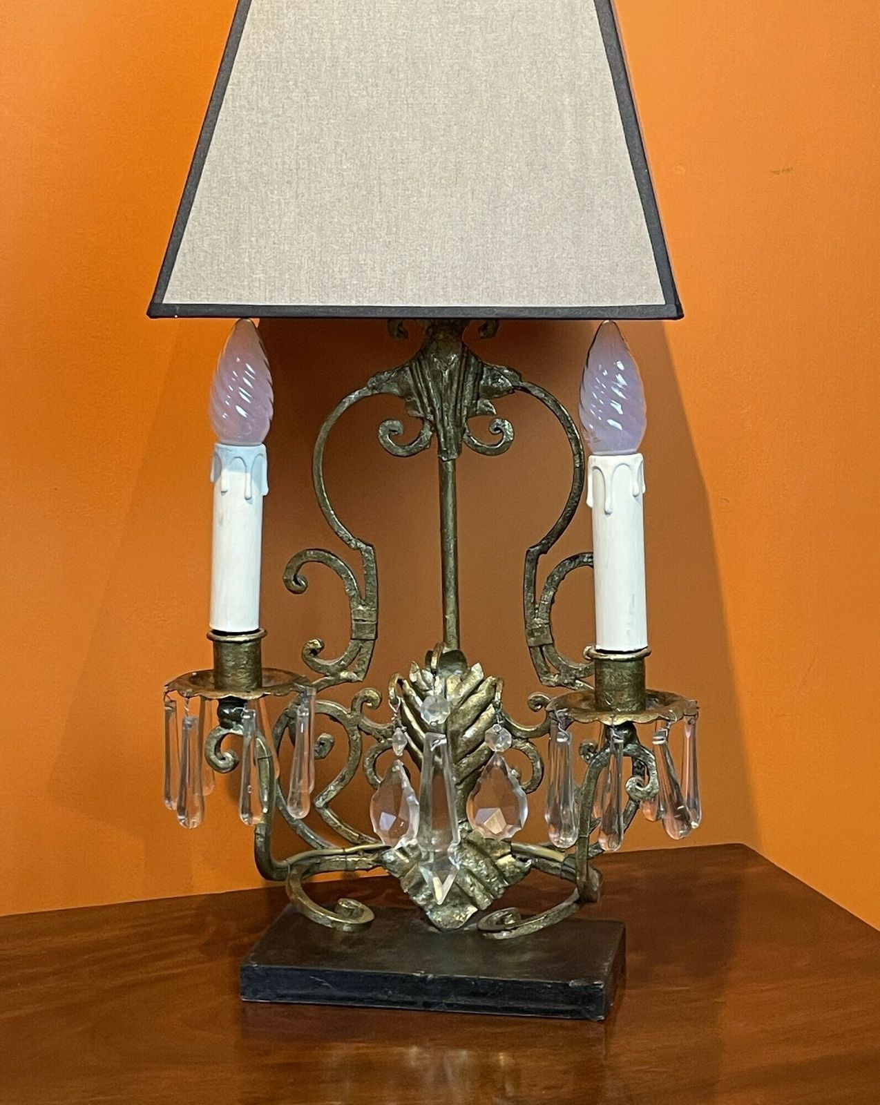 Pair Of Gilt Wrought Iron Twin Branch Table Lamps With Glass Drops photo for sale