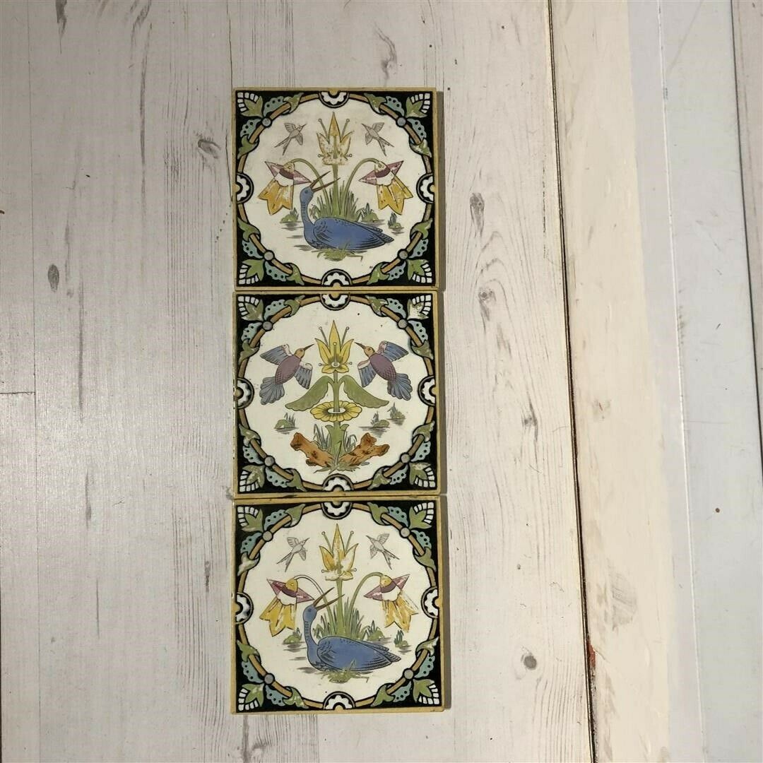 Set Of 3 Antique Tiles By Minton Hollis &Co Handpainted Bird Design 19th Century photo vintage