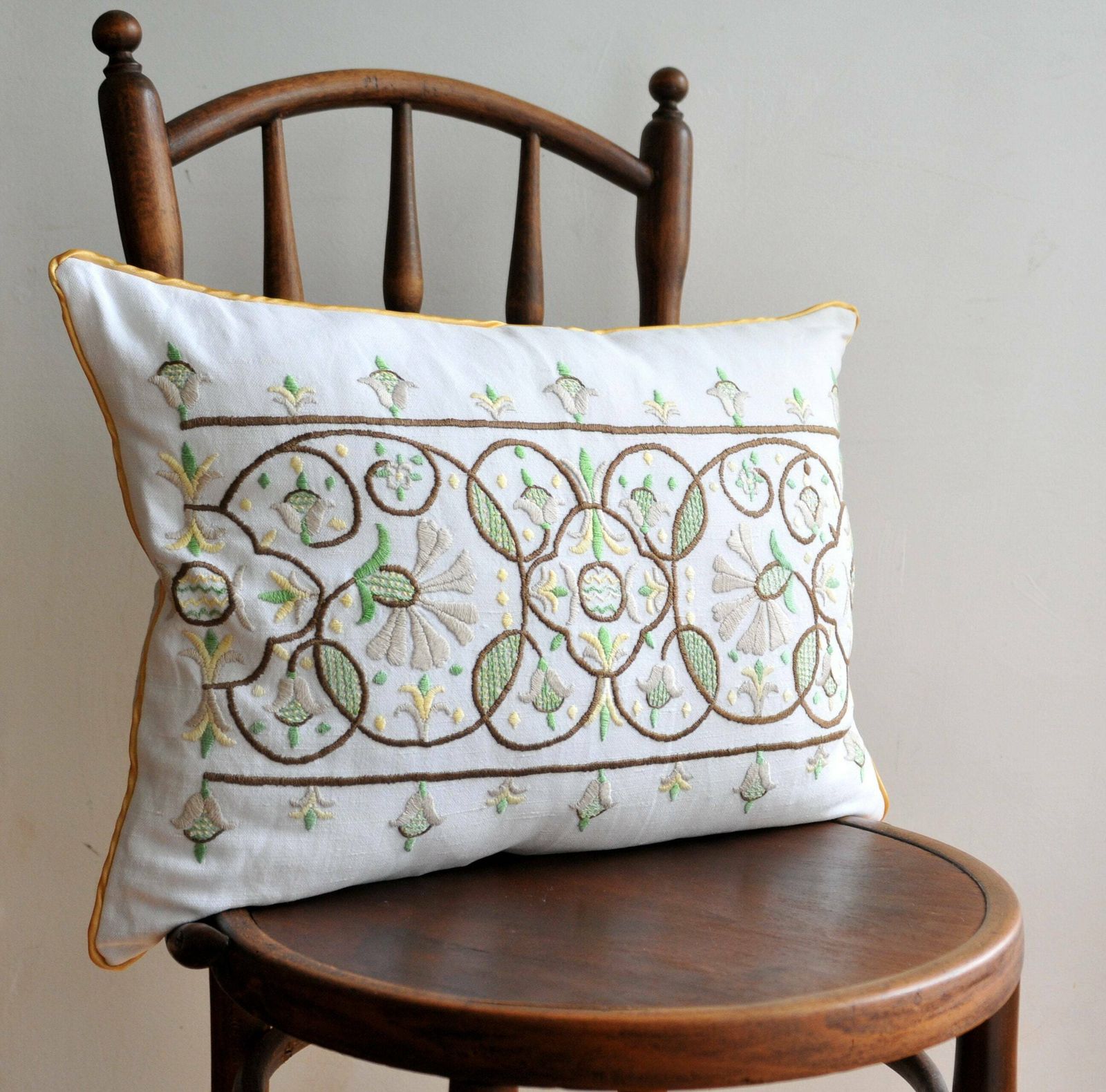 Vintage Hand Embroidered Pillowcase With Tendril Design   Farmhouse Style Rustic Pillow Cover   Floral Embroidery Decorative Pillow Piping photo furniture