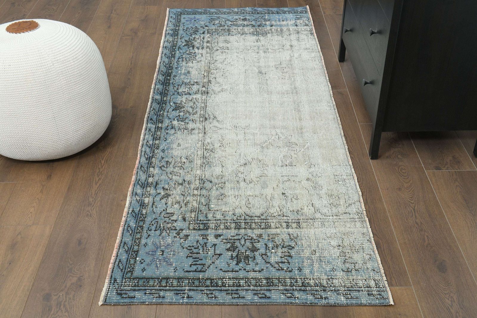 3x7 Blue Vintage Oushak Runner, Handmade Wool Rug, Low Pile Hallway Runner, Boho Decor, One Of A Kind Blue Vintage Runner, 3x7 Runner Rug