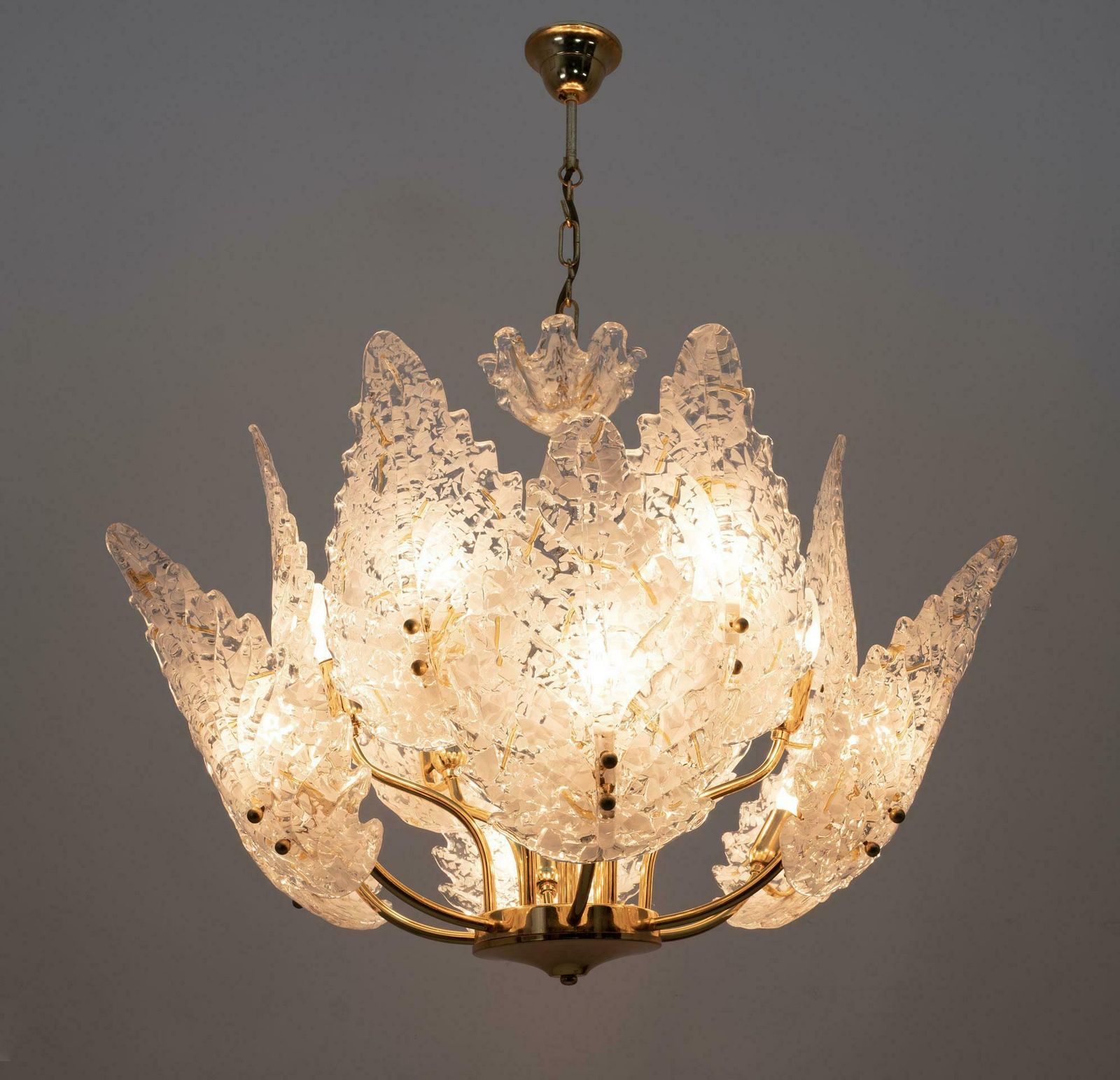 Mid Century Modern Italian Brass And Murano Glass Chandelier, 1970s photo for sale