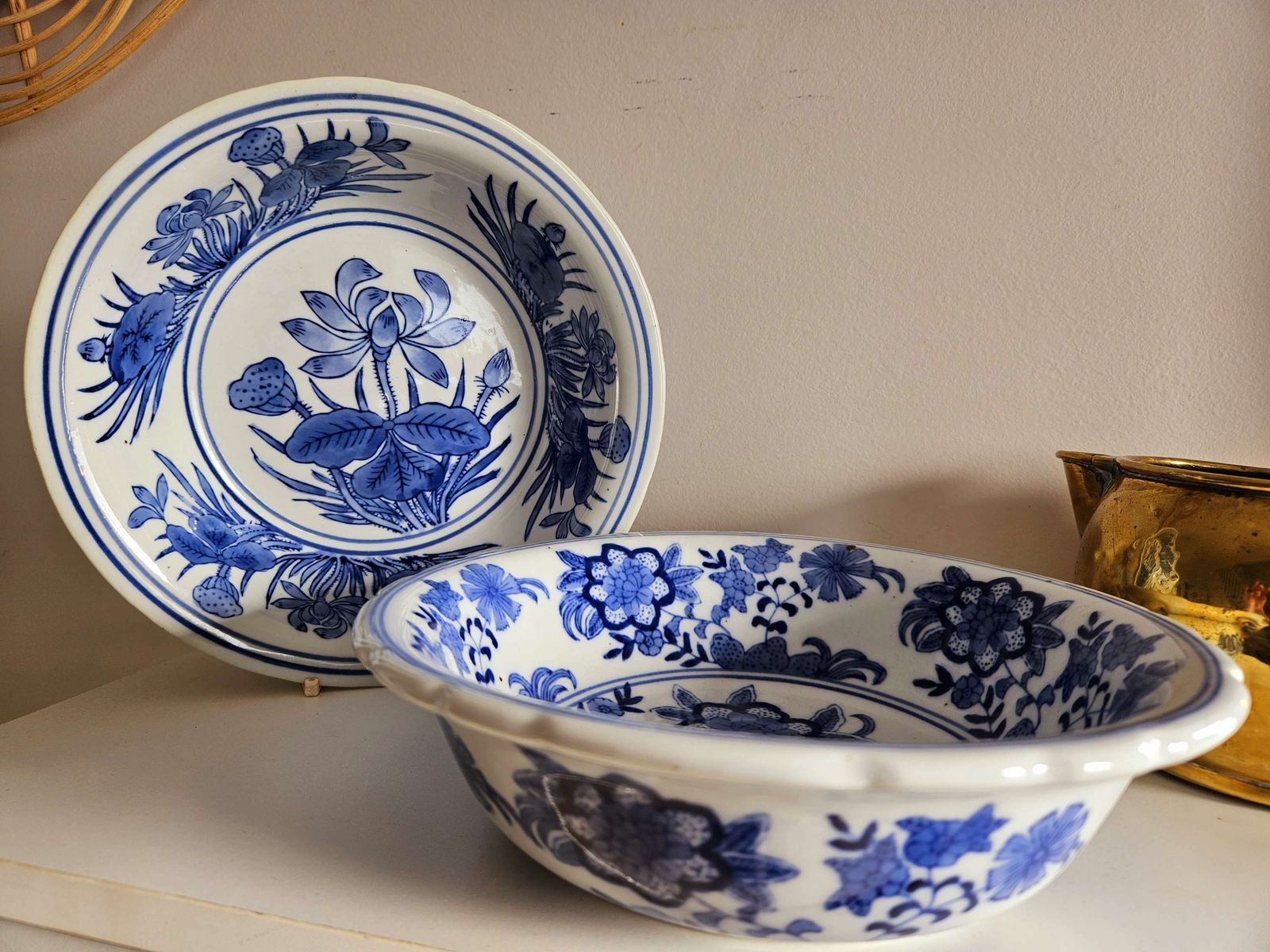 Pair Of Blue & White Chinese Serving Bowls photo vintage