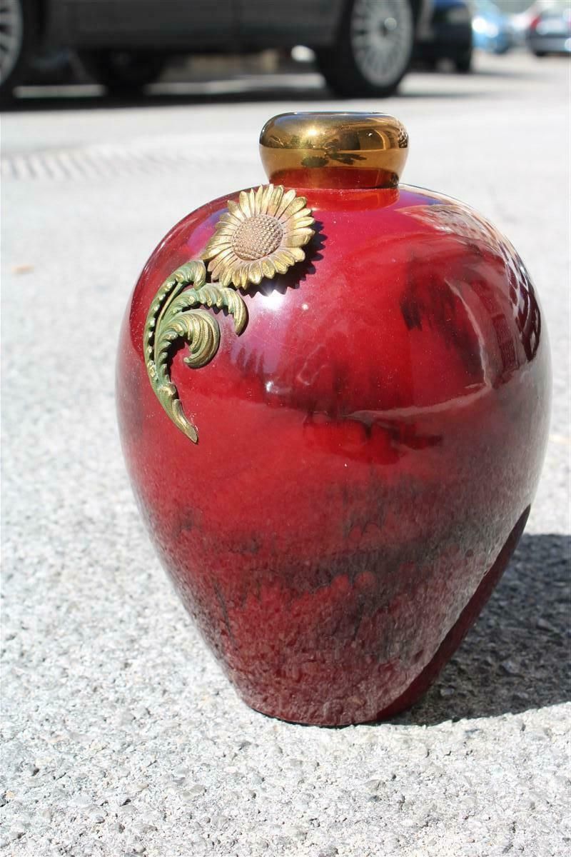 Red Ceramic Vase With Gold And Brass Inserts 1930s Art Deco Italy photo furniture