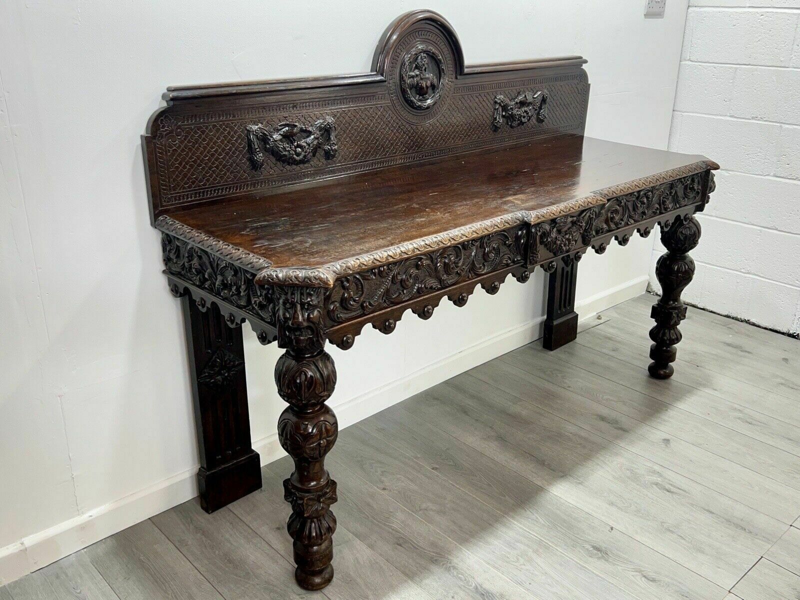 A Large Elizabethan Revival, Lion Mask Carved Console / Serving Table photo for sale