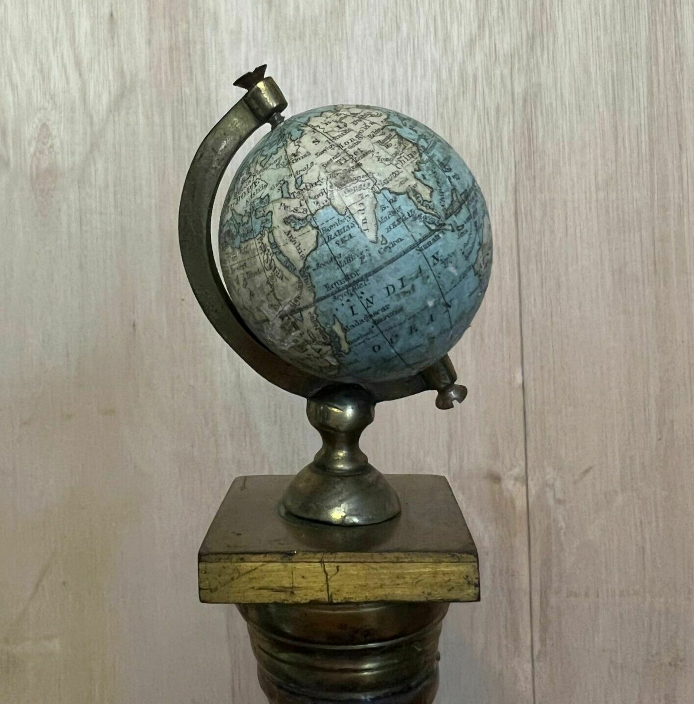 Unique Pair Of Antique John Stone's Miniature Globes On Corinthian Pilled Bases photo vintage