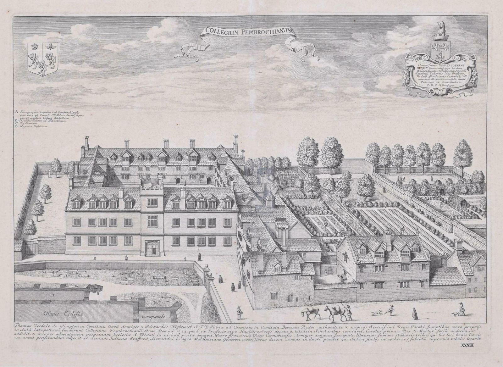 Pembroke College, Oxford David Loggan 1705 Engraving