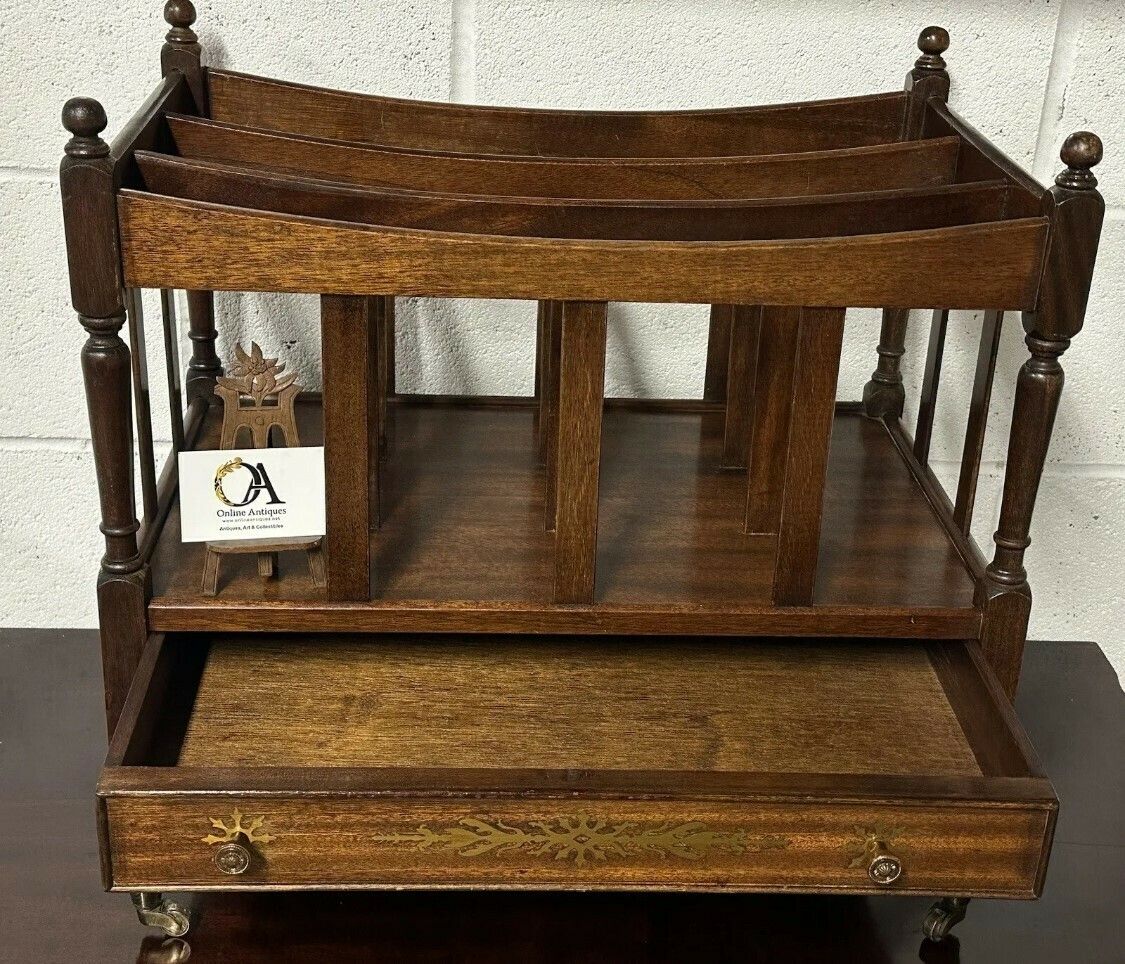Quality Antique Mahogany Canterbury Magazine Rack With Decorative Brass Inlay photo for sale