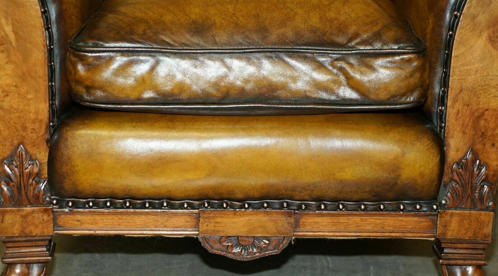 Fine & Important Pair Of Antique Hand Carved Burr Walnut Brown Leather Armchairs photo buy