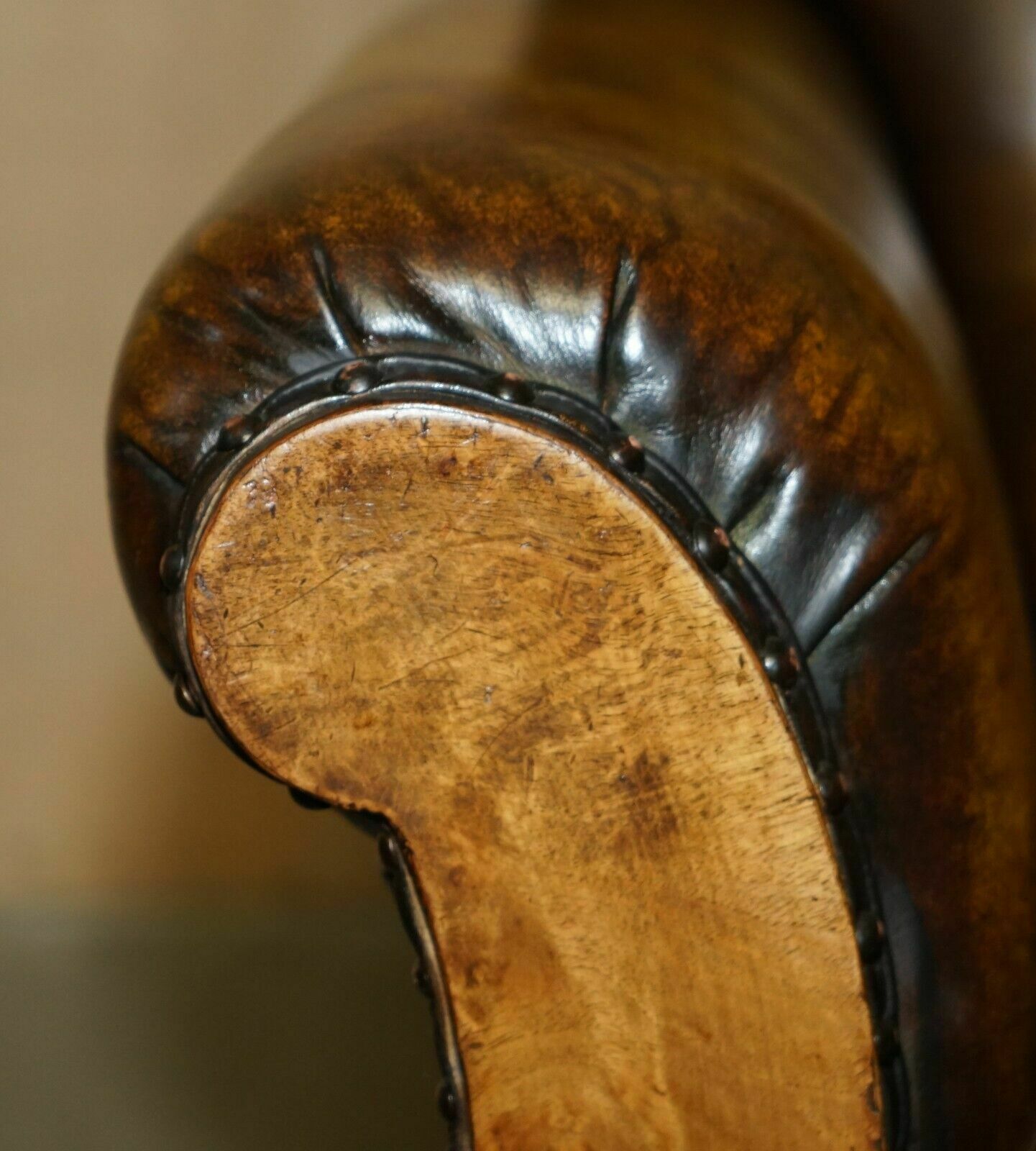 photo for sale Fine & Important Pair Of Antique Hand Carved Burr Walnut Brown Leather Armchairs
