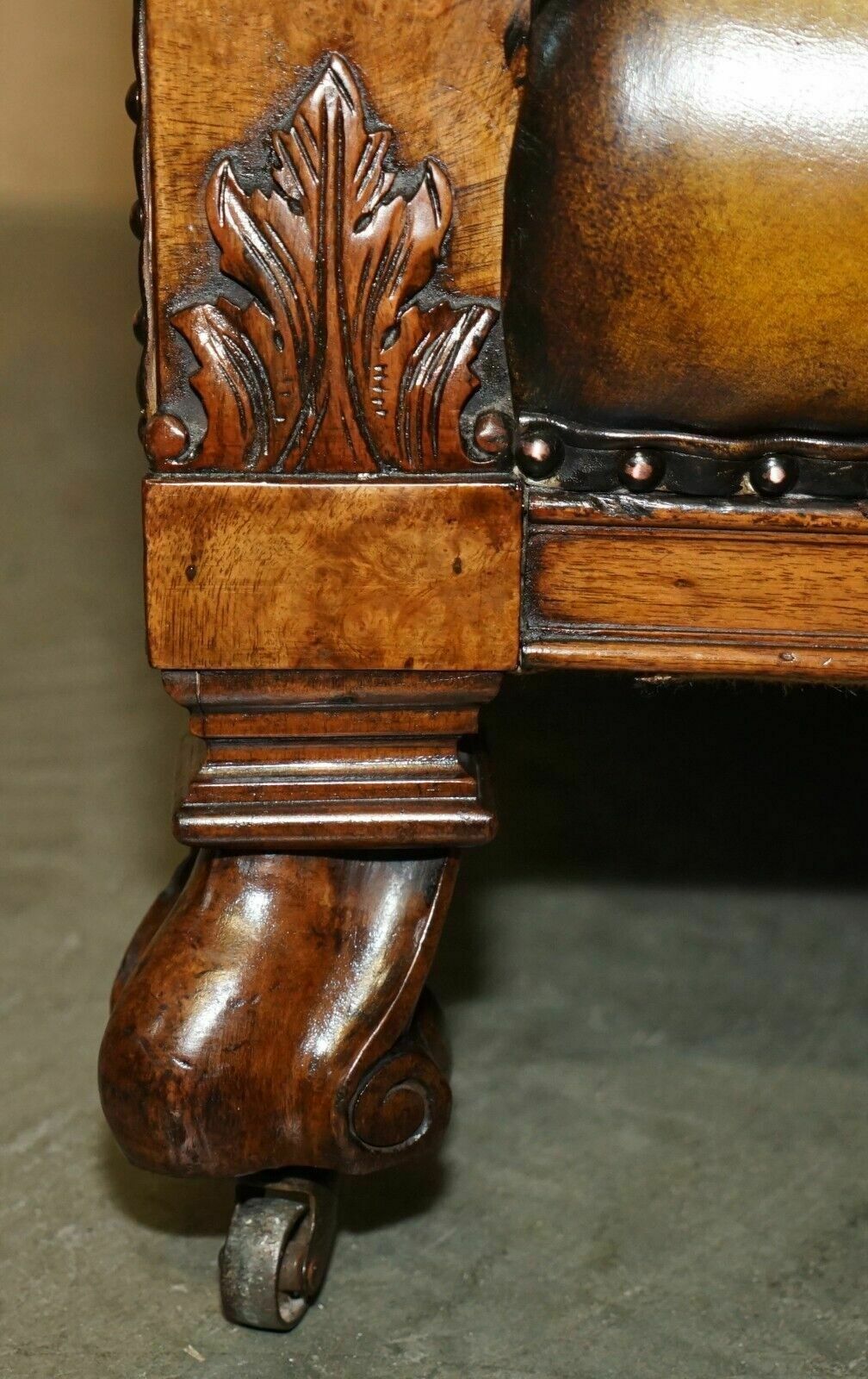 Furniture Fine & Important Pair Of Antique Hand Carved Burr Walnut Brown Leather Armchairs photo