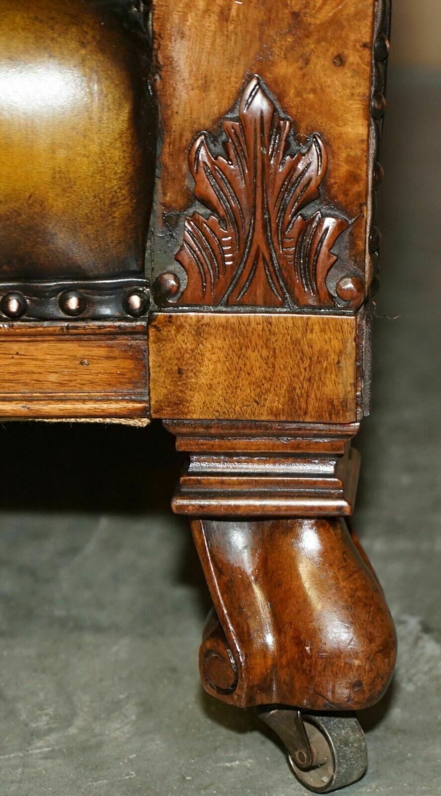 photo buy Fine & Important Pair Of Antique Hand Carved Burr Walnut Brown Leather Armchairs