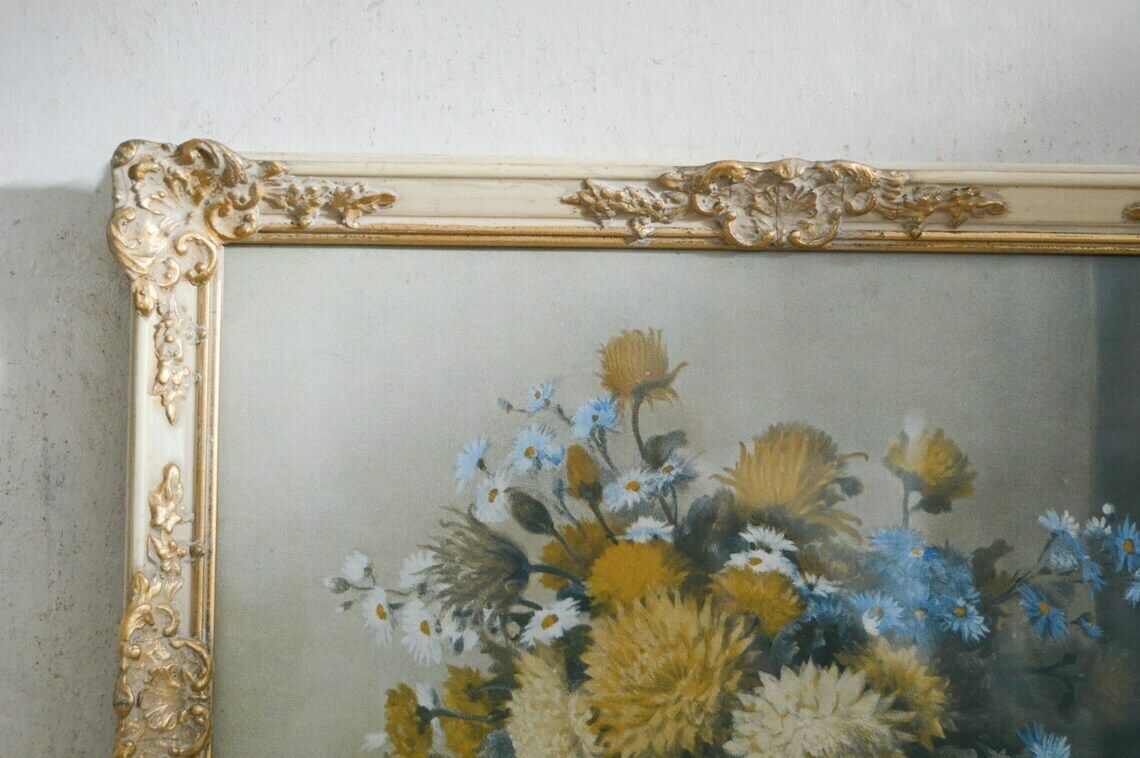 Rare Vintage Vernon Ward Peerart Product Wall Art, 1940s Framed Mixed Bunch Flowers, Antique Ornate Gilt Frame With Glass Cover 35x30 Cm photo 95.0
