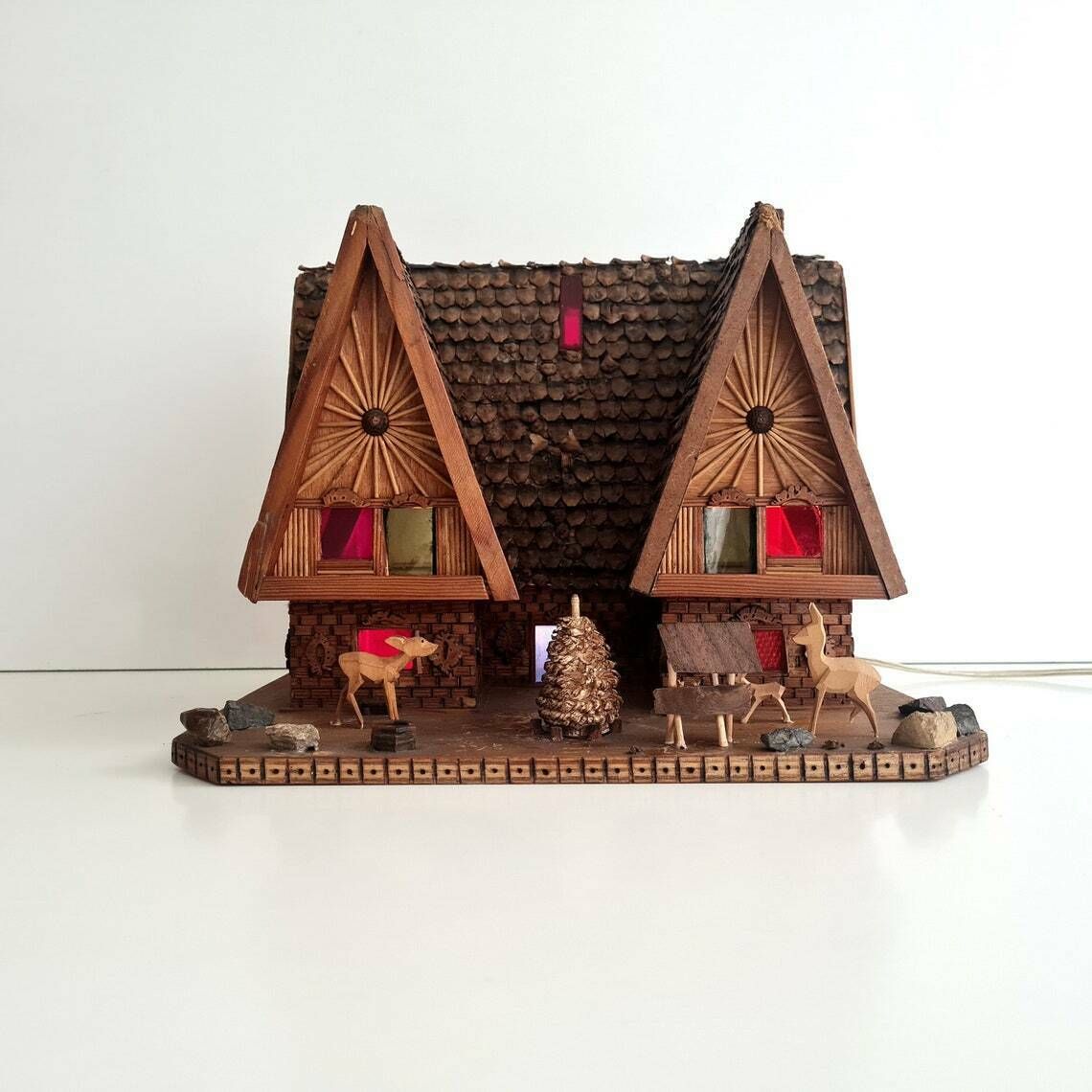 Lovely Vintage Hand Carved Big Cottage With Lighting. Deer Feeding Scene. Retro сhristmas Home Dec photo furniture
